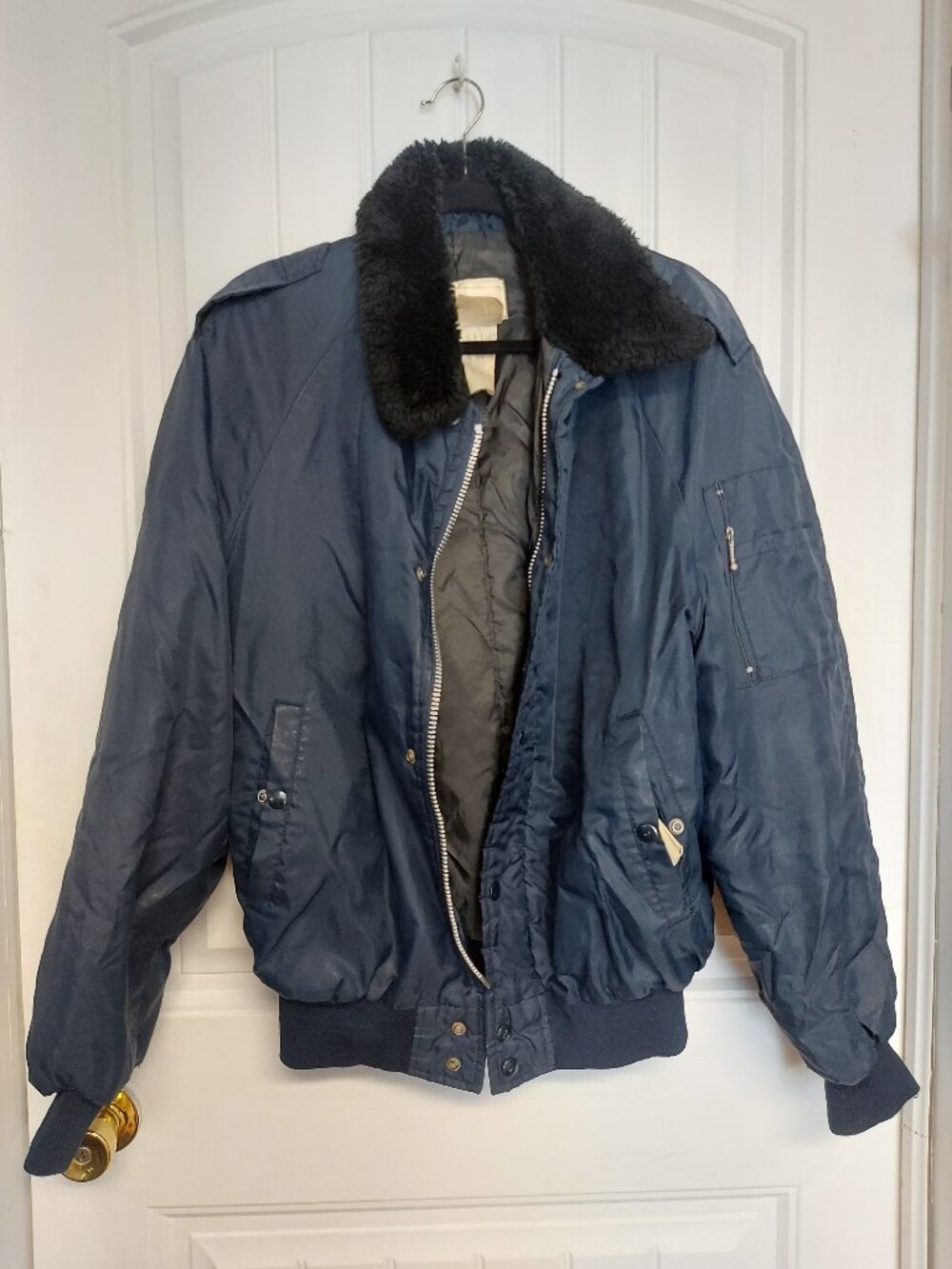 Vintage Corporate Choice Navy Bomber Jacket Faux Fur Collar M